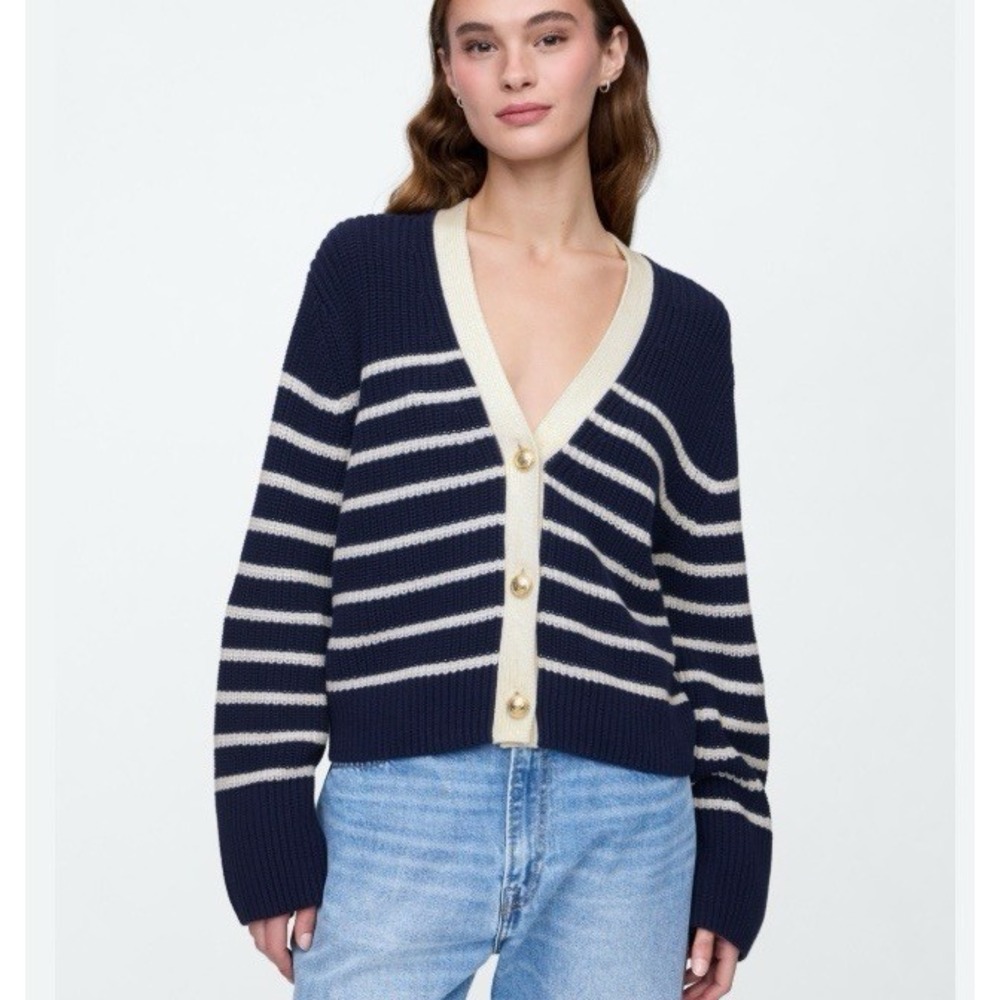 GAP Women's XL Navy Stripe Cardigan Gold Button V Neck Coastal Preppy NWT